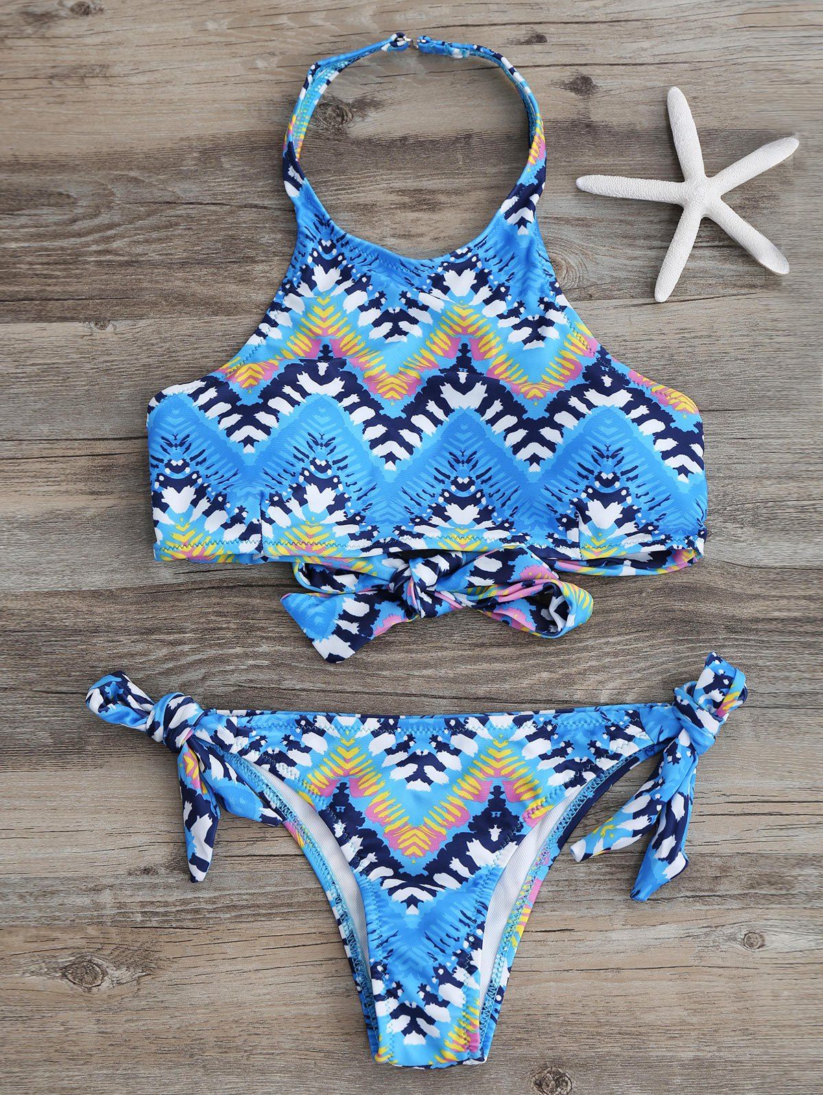 

High Neck Tied Print Bohemian Bikini, Blue