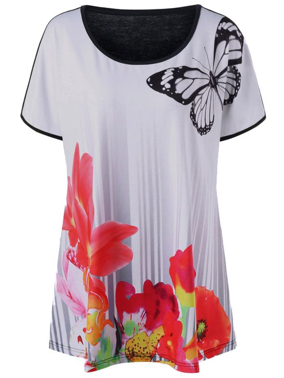 T-shirt à Papillon et Fleurs Grande Taille - Blanc 4XL
