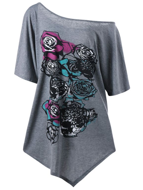 T-shirt Floral Asymétrique à Une épaule Nue Grande Taille - Gris 3XL