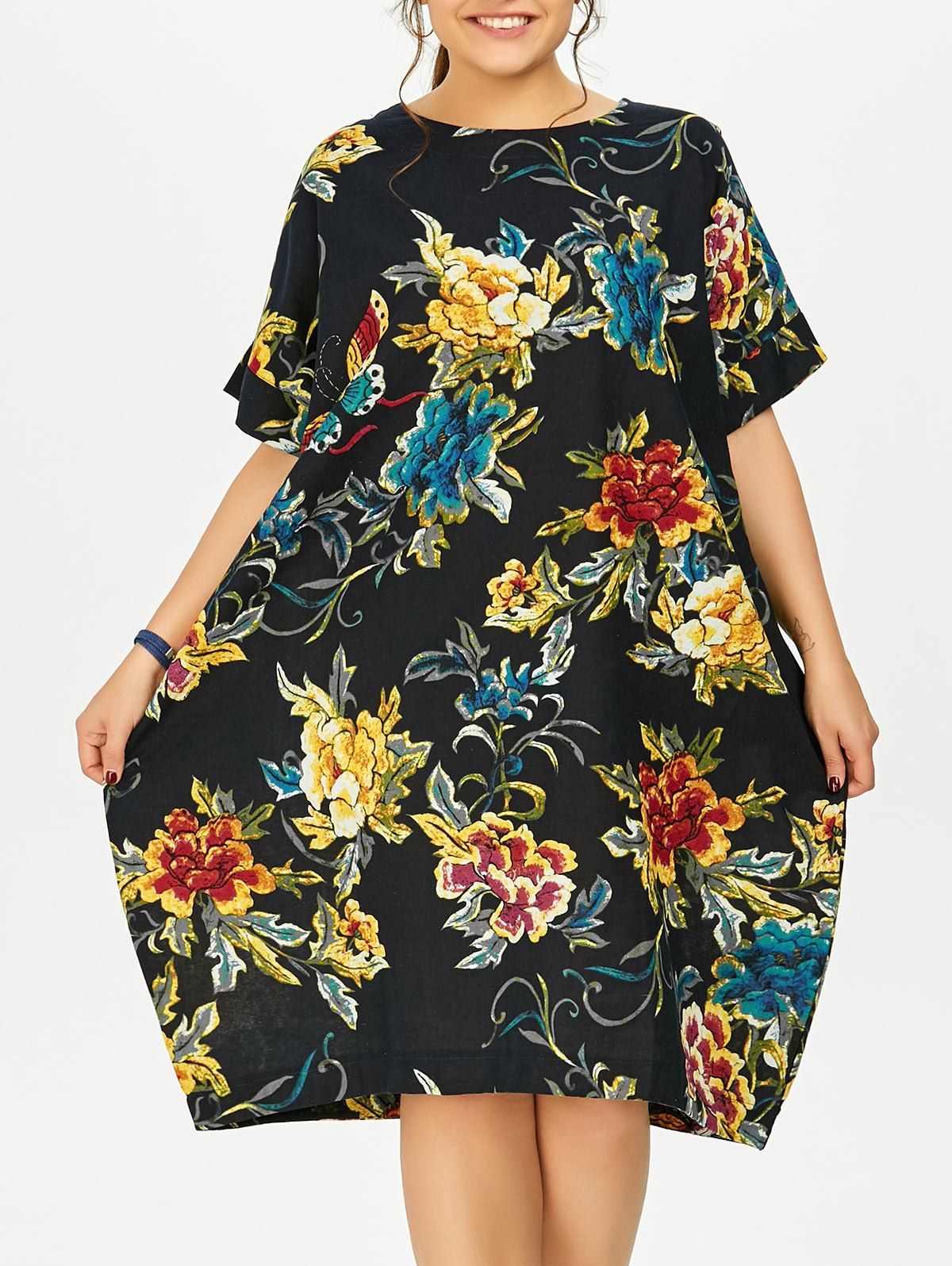 

Plus Size Butterfly Floral Midi Oversized Dress, Deep blue