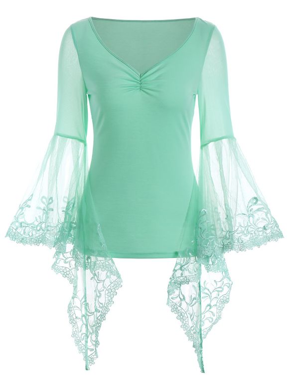 Blouse Manches Cloches à Empiècement en Dentelle Col en V - Trèfle 2XL