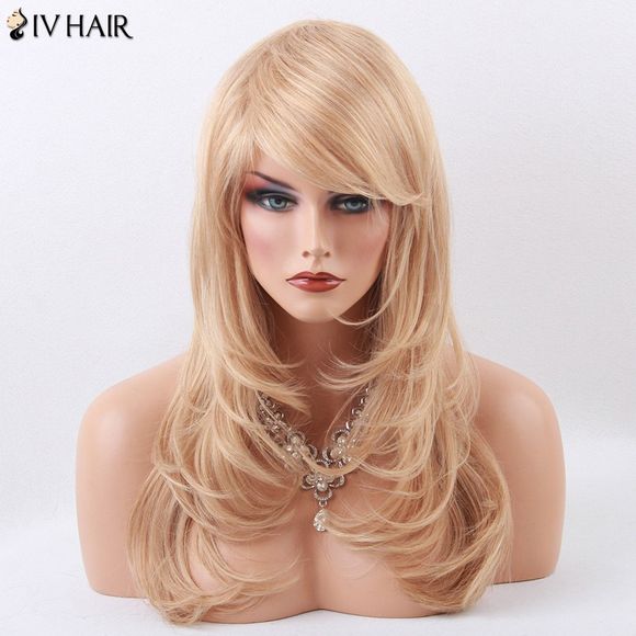Siv Cheveux longs légèrement bouclés Layered Oblique Bang Capelss perruque de cheveux humains - Brun Avec Blonde 