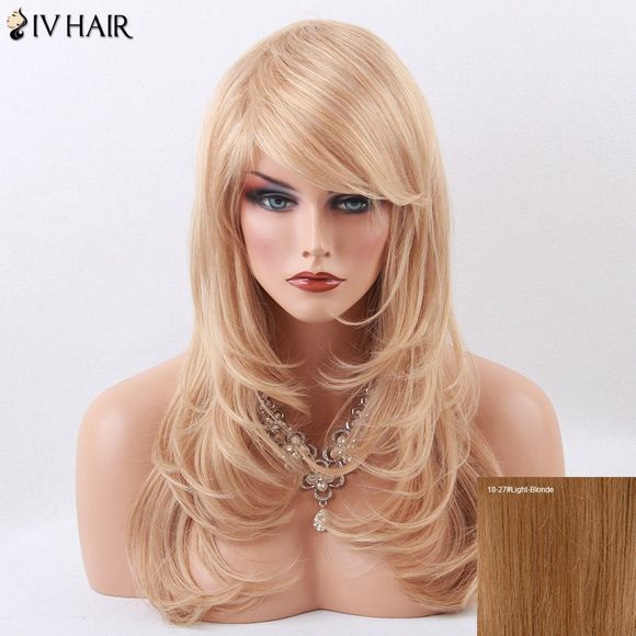 Siv Cheveux longs légèrement bouclés Layered Oblique Bang Capelss perruque de cheveux humains - 18/27 Blonde Léger 