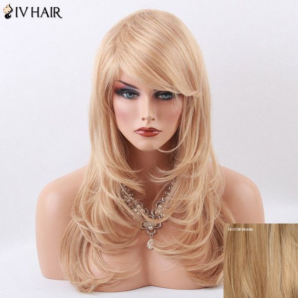 Siv Cheveux longs légèrement bouclés Layered Oblique Bang Capelss perruque de cheveux humains - Blonde 