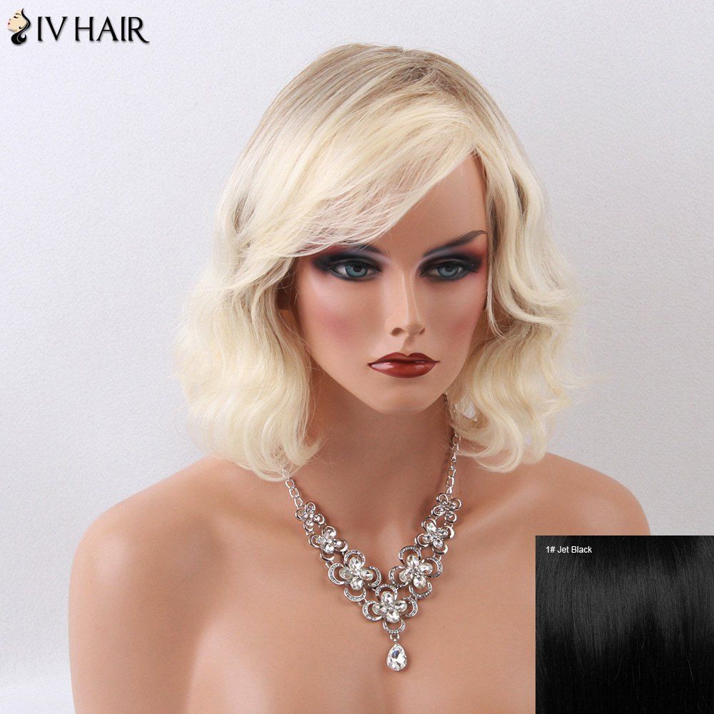 

Siv Hair Medium Curly Shaggy Oblique Bang Capless Human Hair Wig, Jet black #01