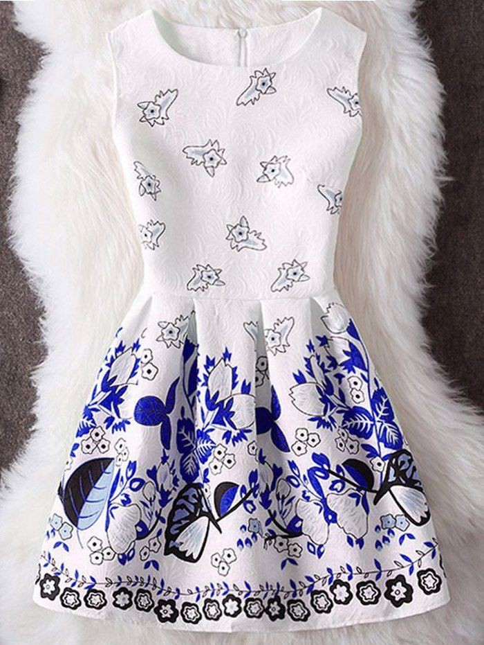 

Plant Print Sleeveless Mini Dress, Blue