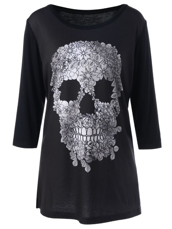 T-shirt Imprimé Crâne Floral Grande Taille - Noir 5XL