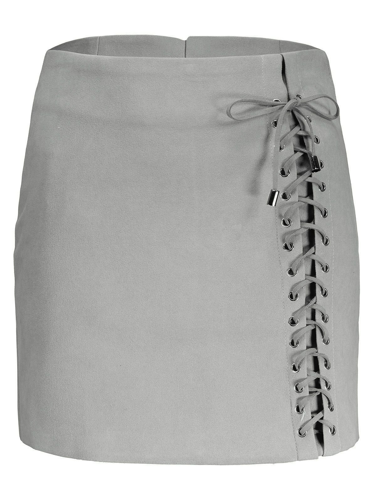 

A line Lace Up Faux Suede Skirt, Gray