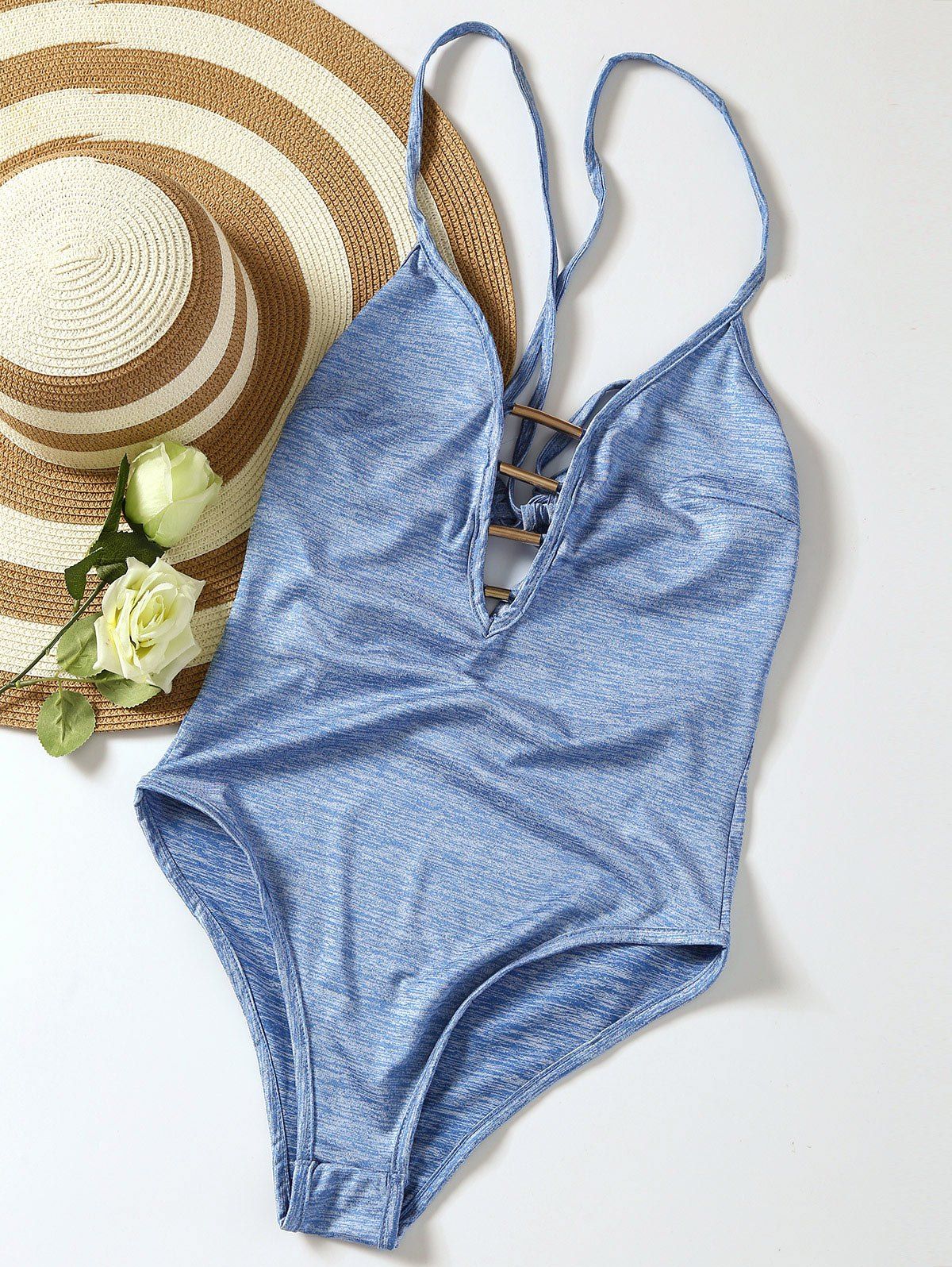 

Lace Up Plunge Neck Monokini, Light blue