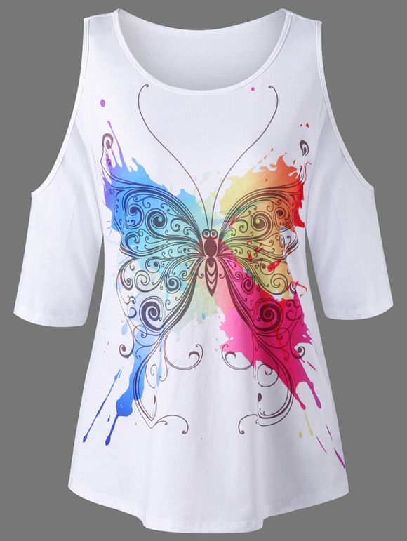 T-shirt à épaule froid à imprimé papillon - Blanc 2XL