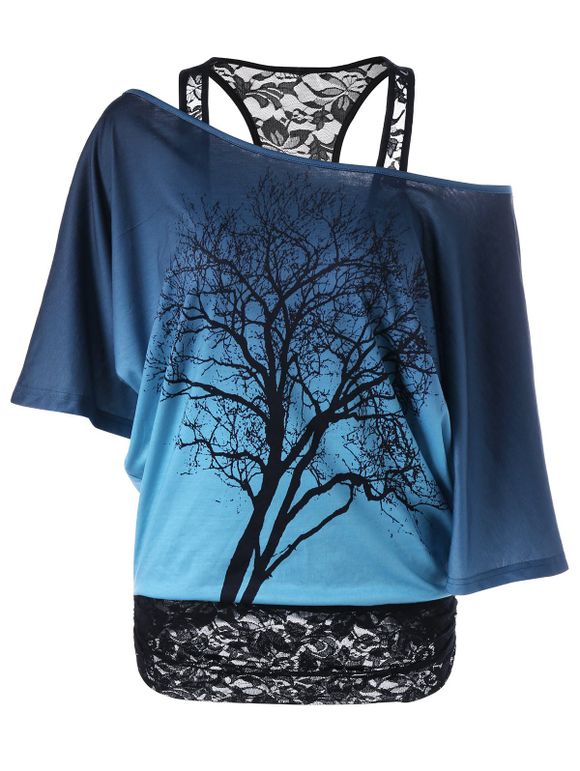 T-Shirt Imprimé Col Oblique avec un Panneau en Dentelle Imprimé Arbre - Bleu et Noir XL