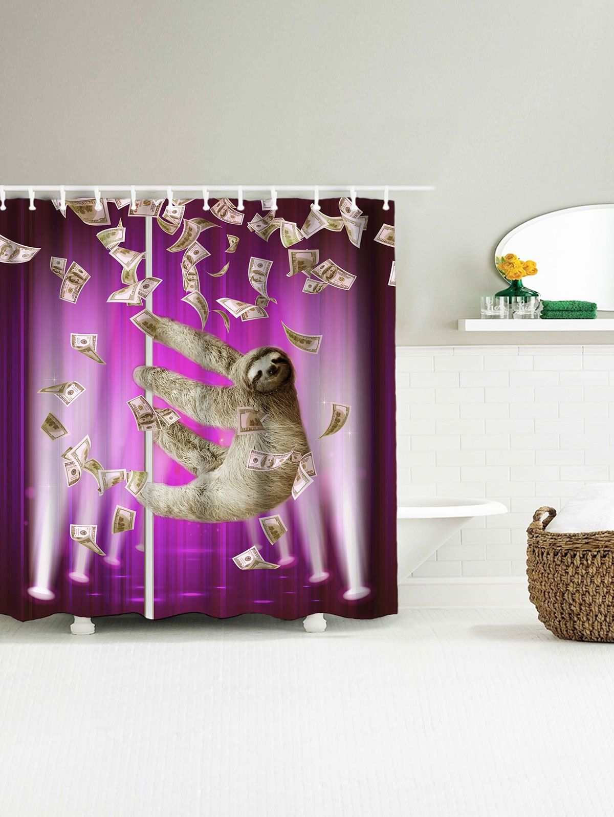 2018 Waterproof Funny Sloth And Dollars Shower Curtain PURPLE W INCH L