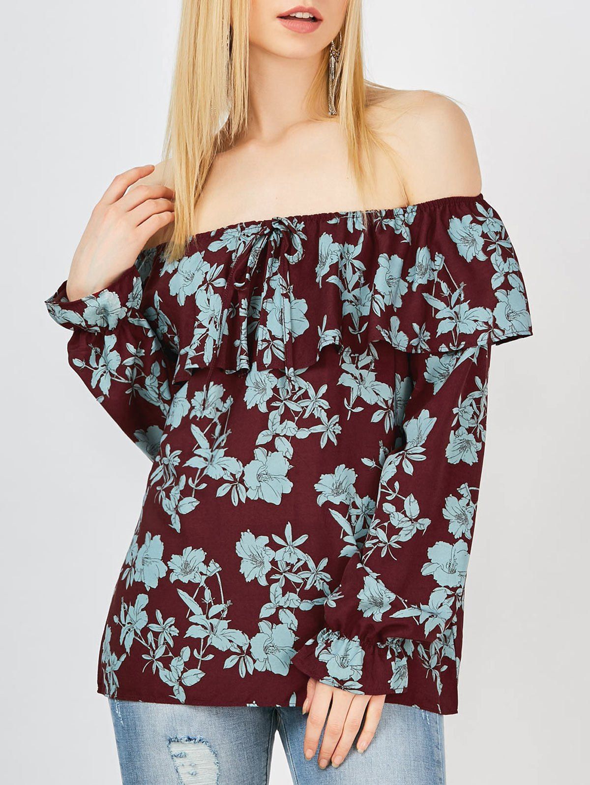 

Floral Off The Shoulder Chiffon Top, Wine red