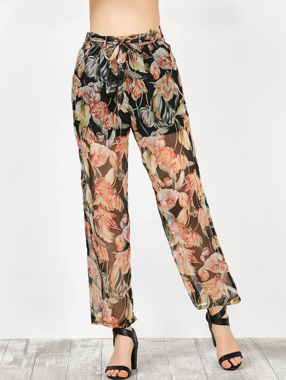 Imprimé floral mousseline transparente Pantalon large - Noir XL