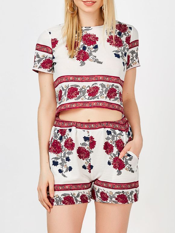 Floral Crop Top+High Waist Shorts Twinset - WHITE S