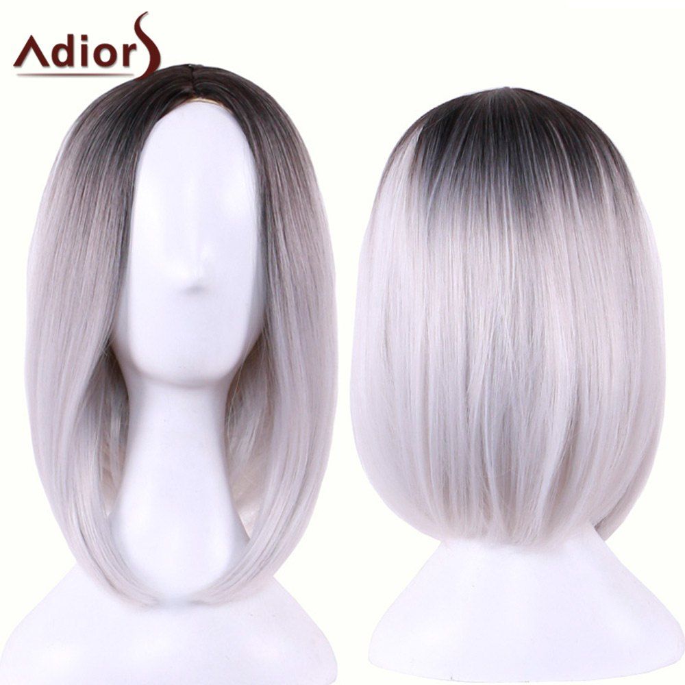 

Adiors Medium Straight Middle Part Gradient Bob Cosplay Lolita Wig, Black grey