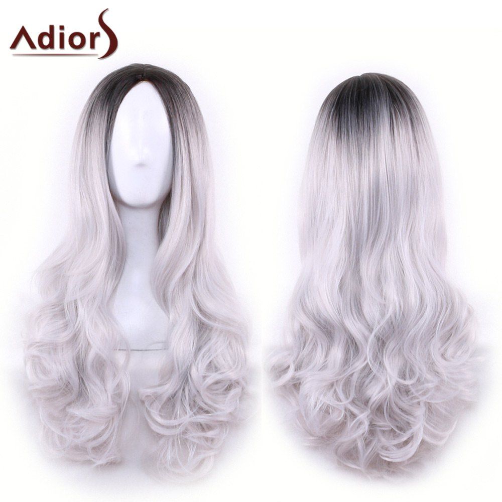 

Adiors Long Centre Parting Ombre Wavy Synthetic Cosplay Lolita Wig, Black grey