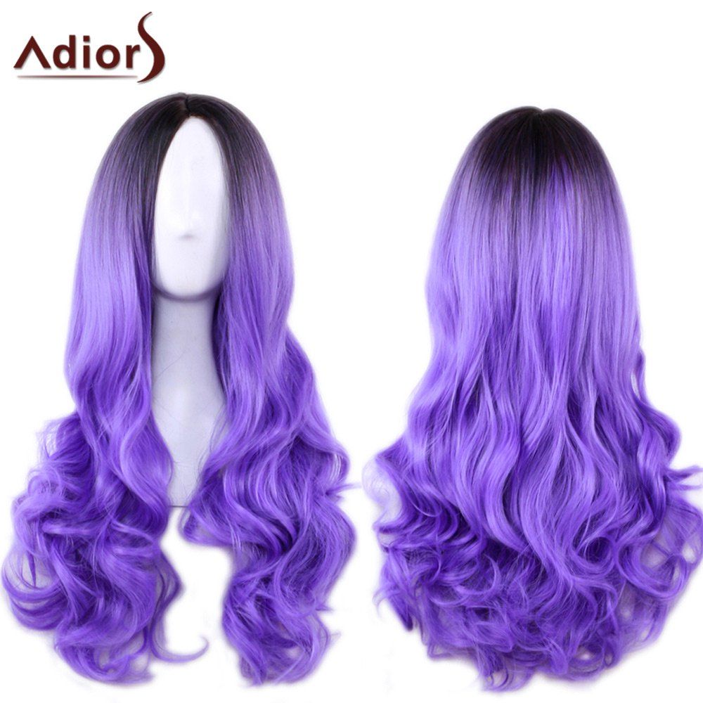 

Adiors Long Centre Parting Ombre Wavy Synthetic Cosplay Lolita Wig, Black and purple