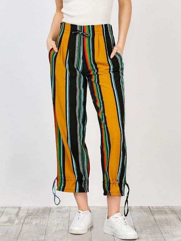 Taille haute à rayures Drawstring Pantalon large - multicolore S