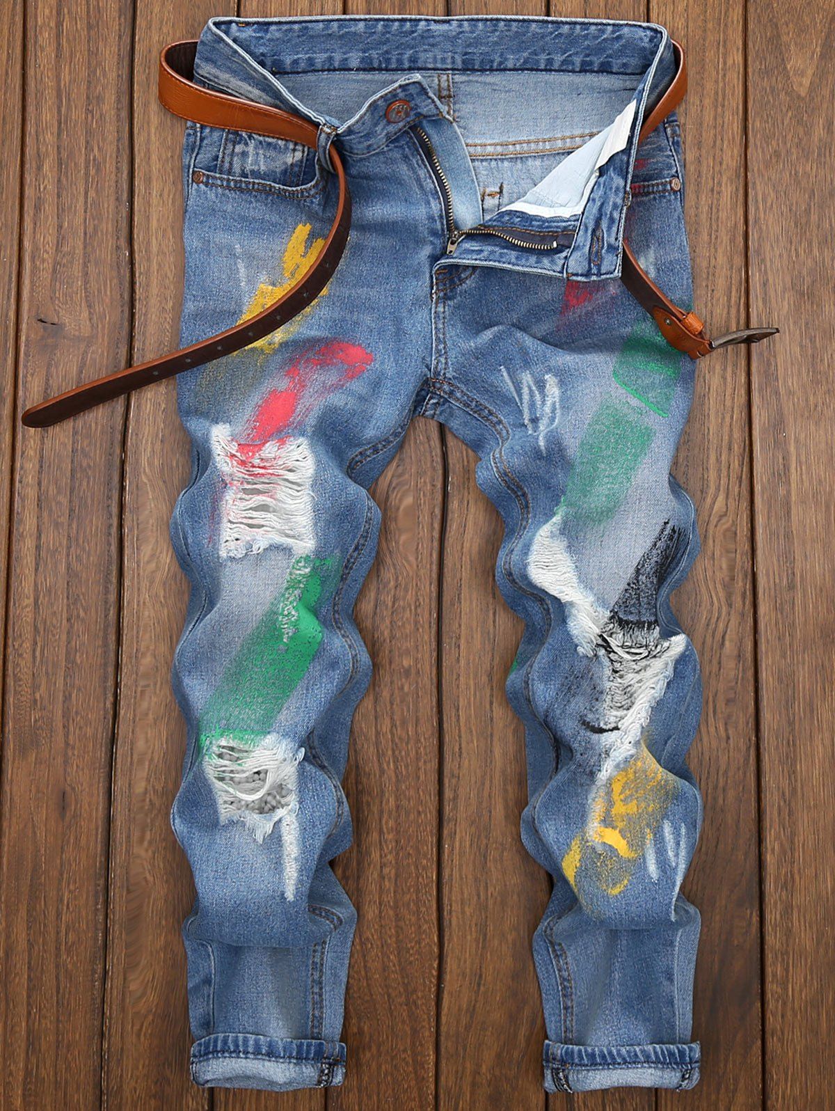 2018 Splatter Paint Ripped Jeans LIGHT BLUE In Jeans Online Store. Best