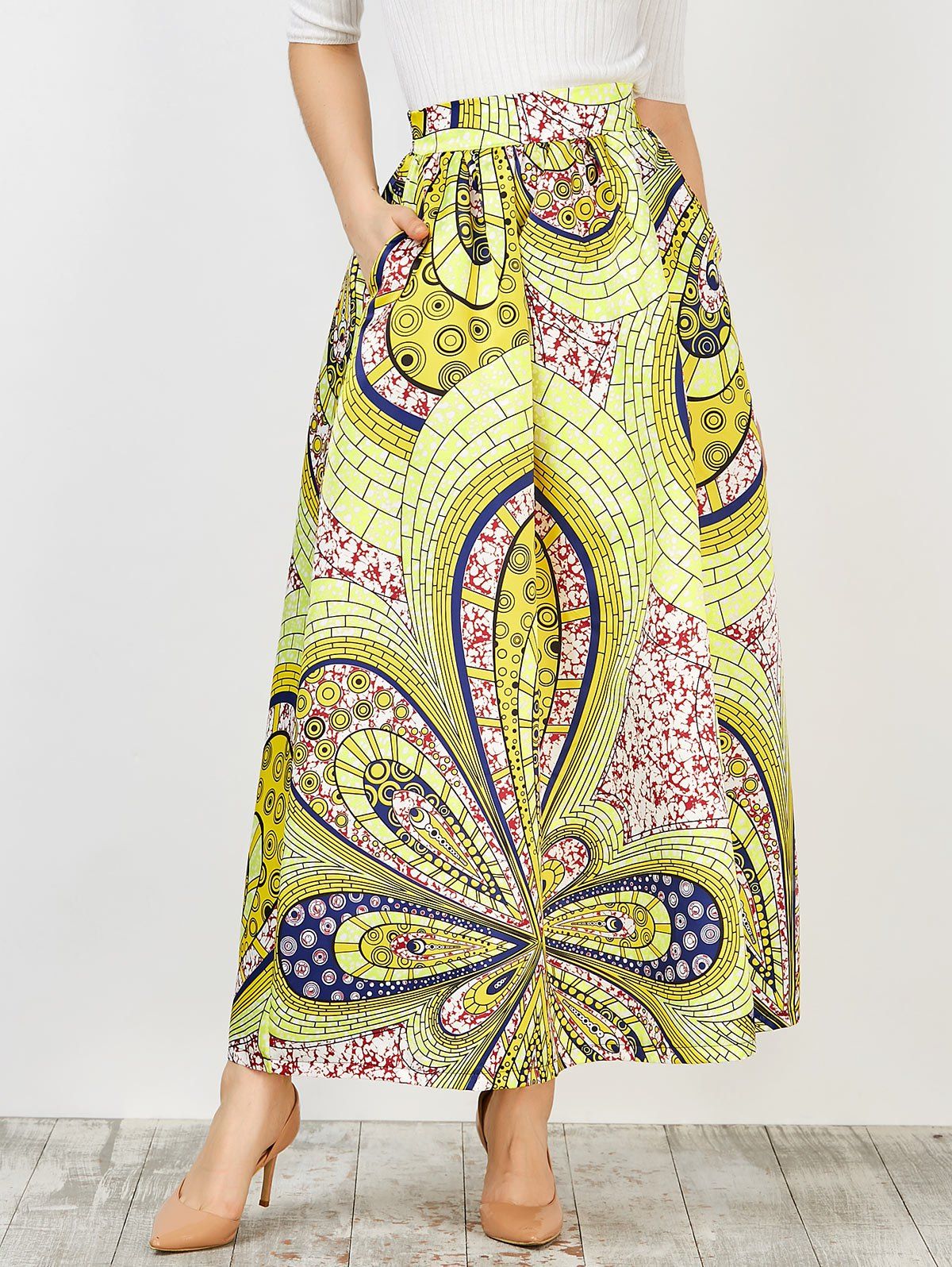 

High Waist Printed Africa Skirt, Yellow