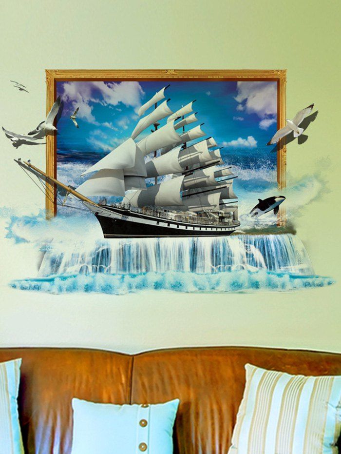 2018 3D Nautical Sailboat Removable Art Wall Sticker BLUE CM In Wall