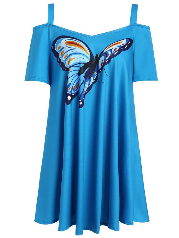 Haut Imprimé Papillon à épaules Nues Grande Taille - Bleu 4XL