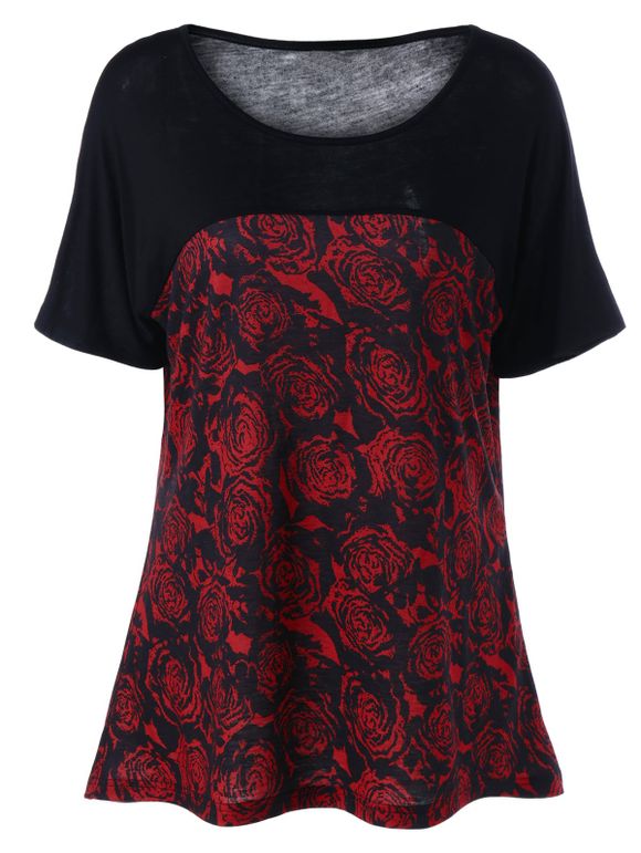 T-shirt Floral à Deux Tons Grande Taille - Rouge et Noir 3XL