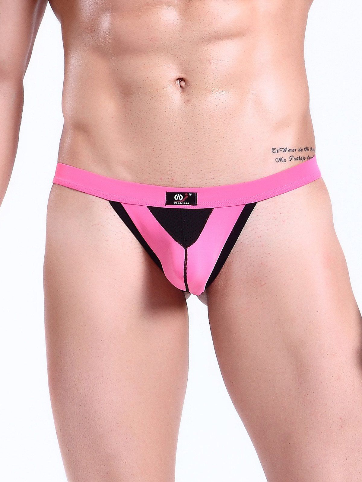 

Openwork Panel U Pouch Color Block T Back, Pink