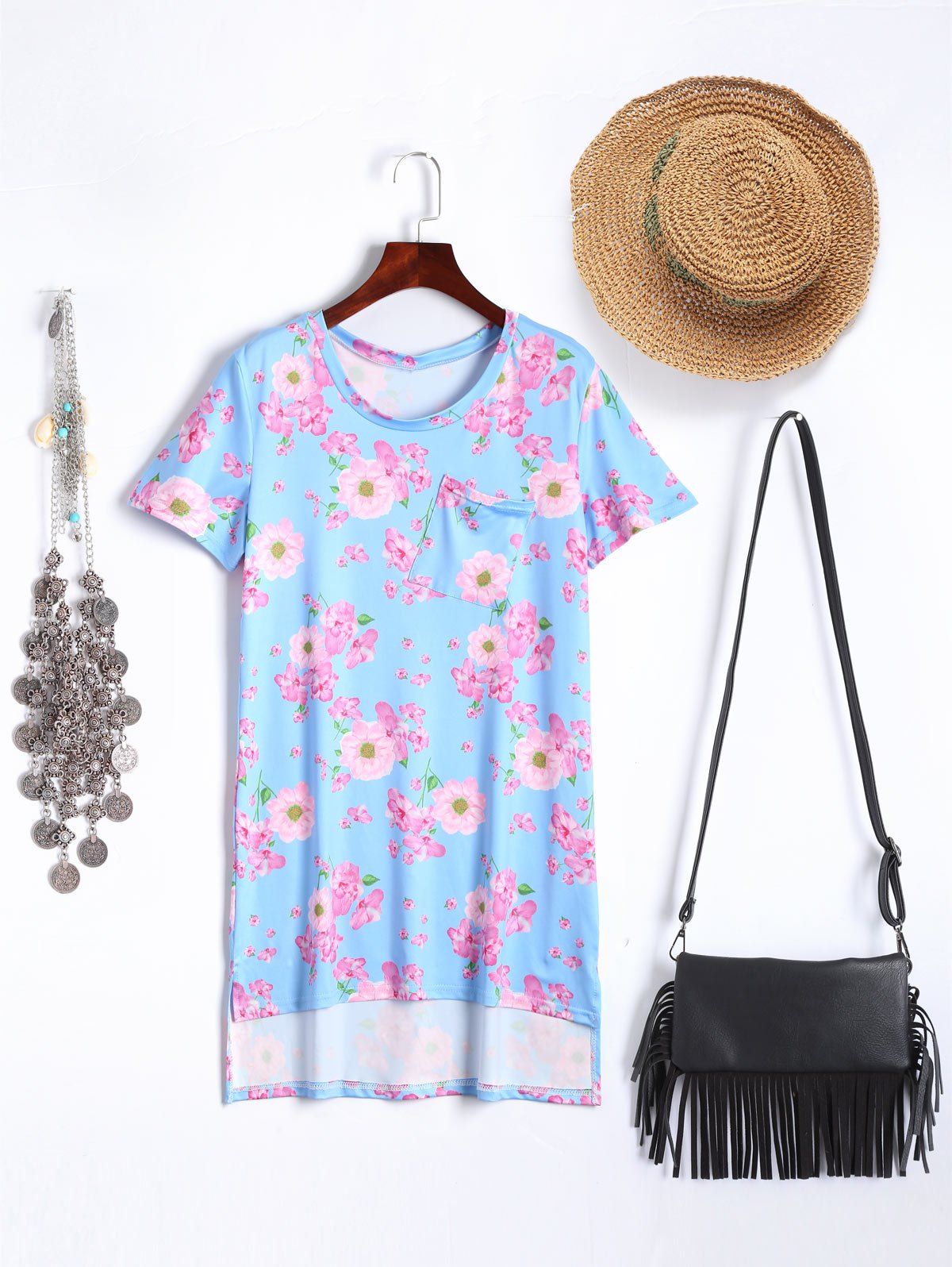 

Floral Print High Low T-Shirt, Light blue