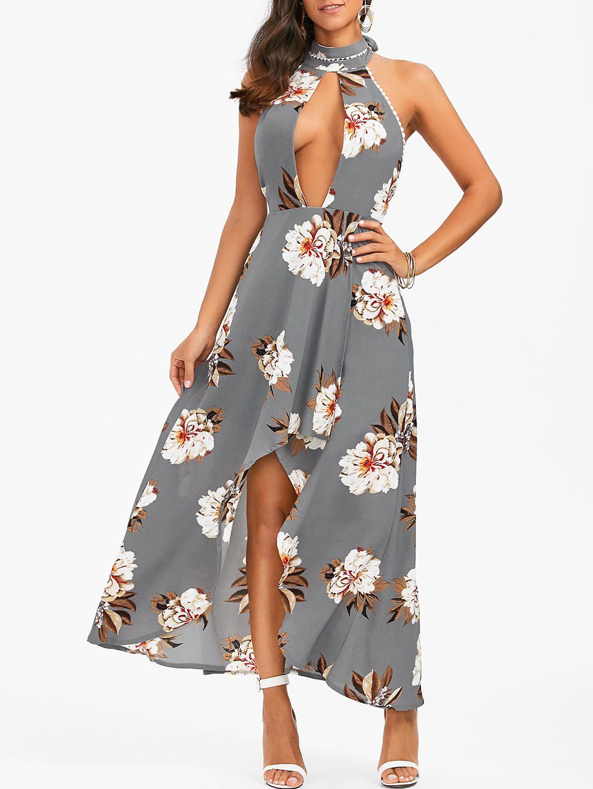 

Halter Floral Open Back High Low Dress, Smoky gray