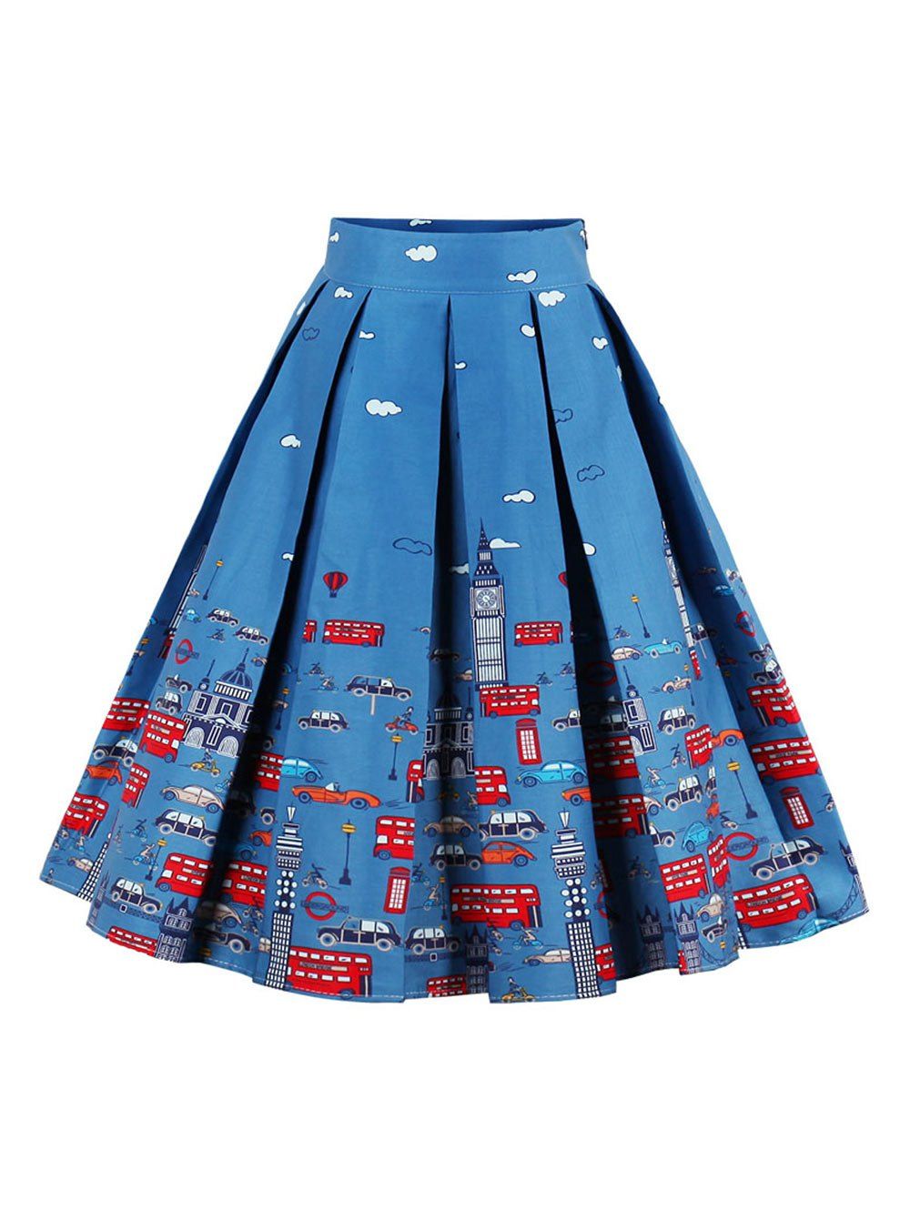 

High Waisted Printed Pleated Skirt, Blue