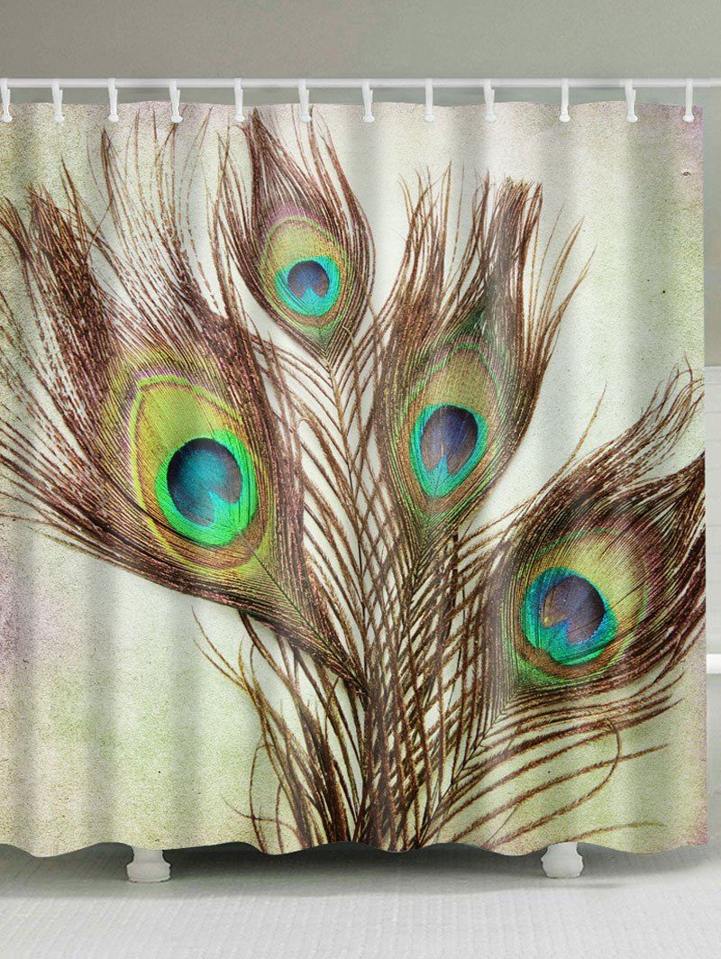 

Peacock Feather Fabric Shower Curtain with Hooks, Light brown