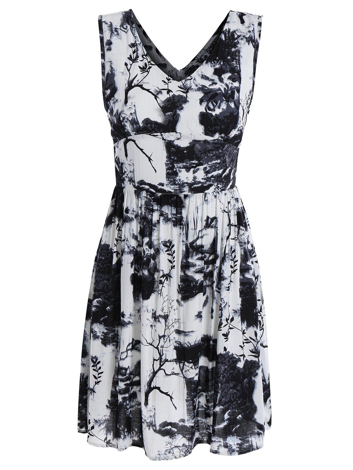 

Sleeveless High Waist Dress with Chinese Painting, Multi