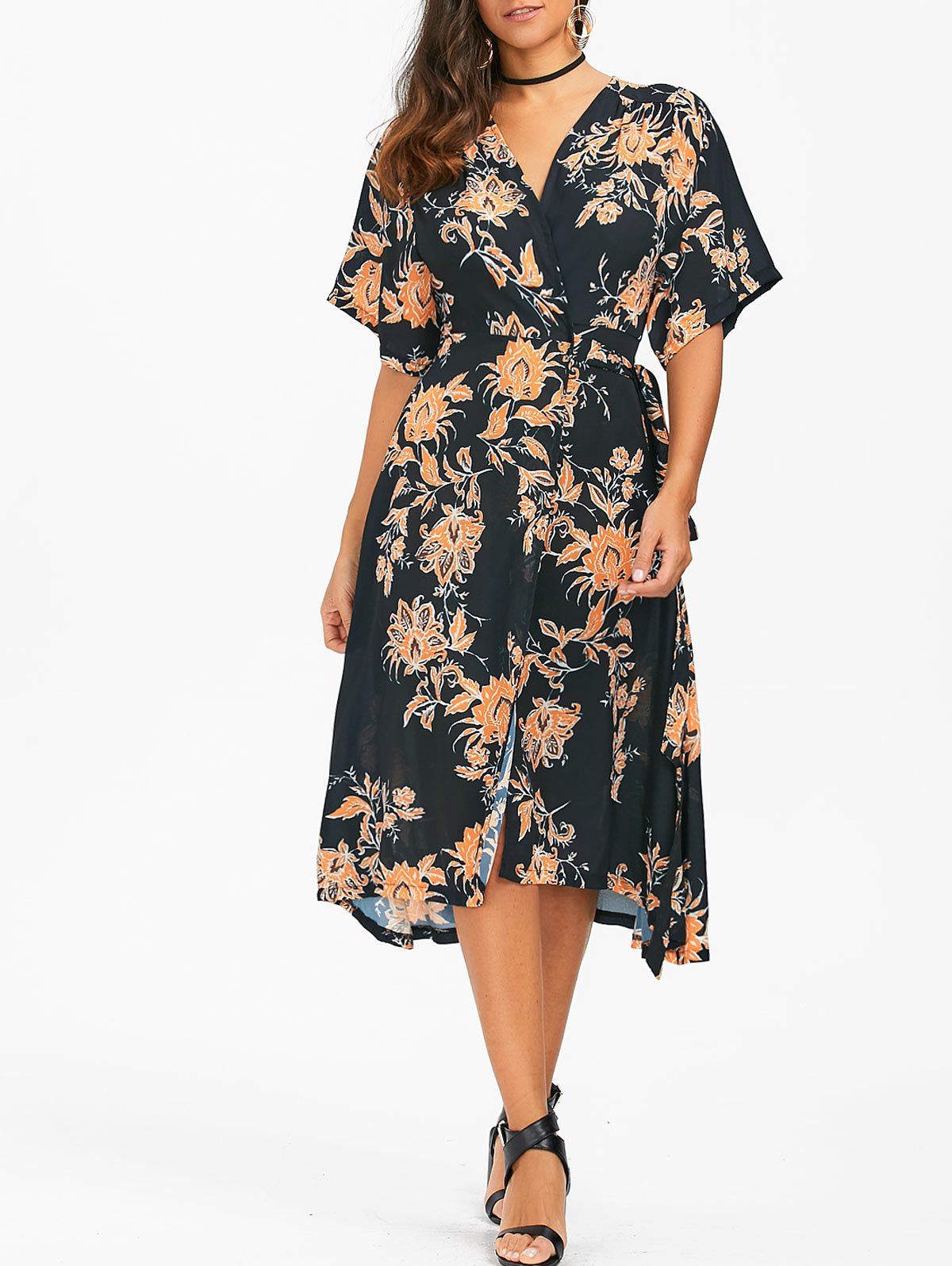 

Floral Chiffon Wrap Kimono Dress, Black