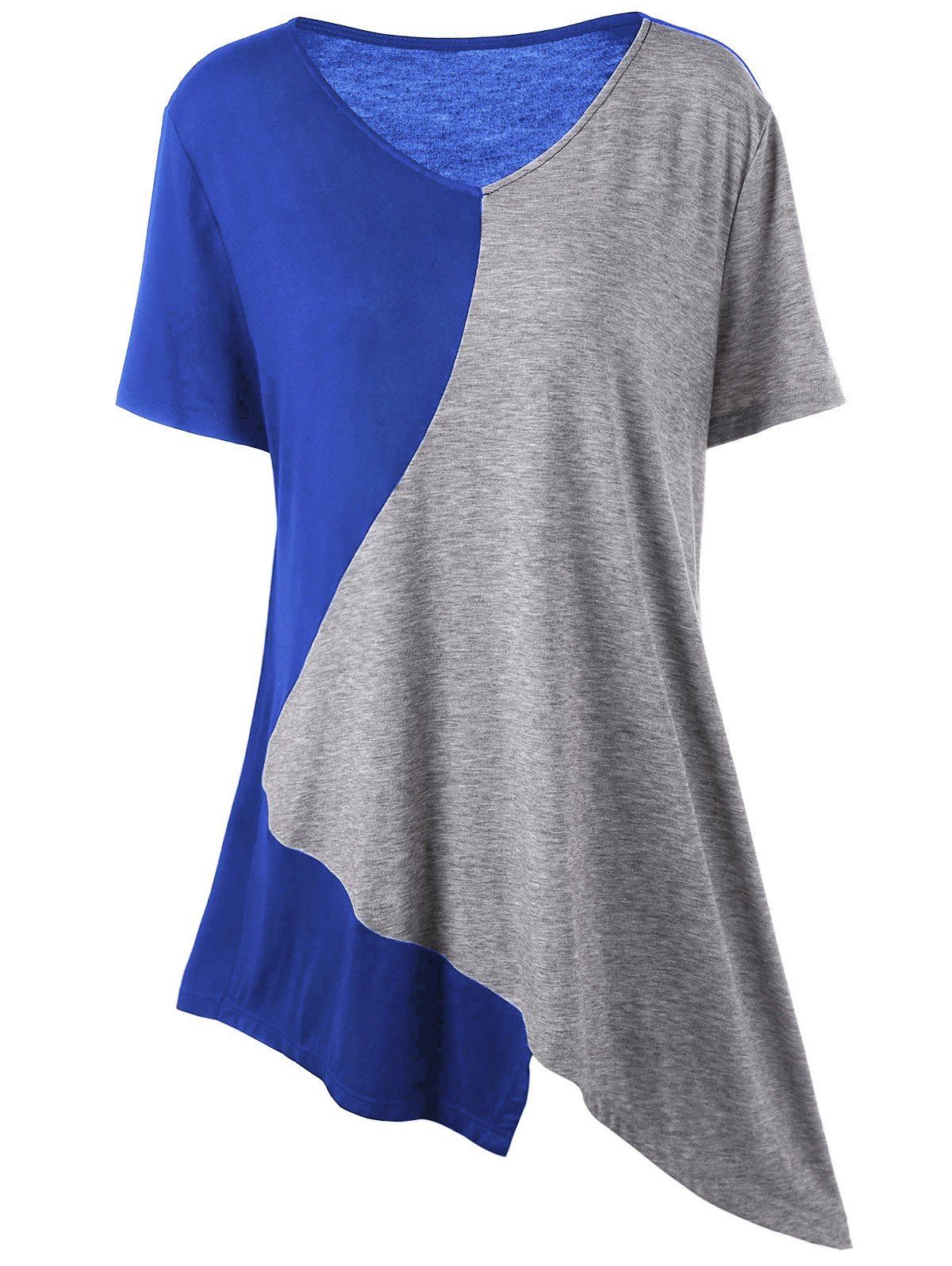 

Asymmetrical Color Block Plus Size Long T-Shirt, Gray and blue