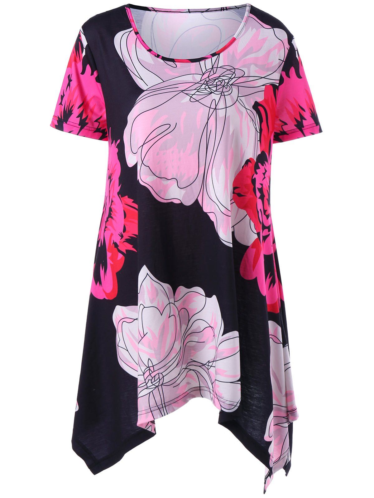 

Plus Size Floral Asymmetric Tunic T-Shirt, Black