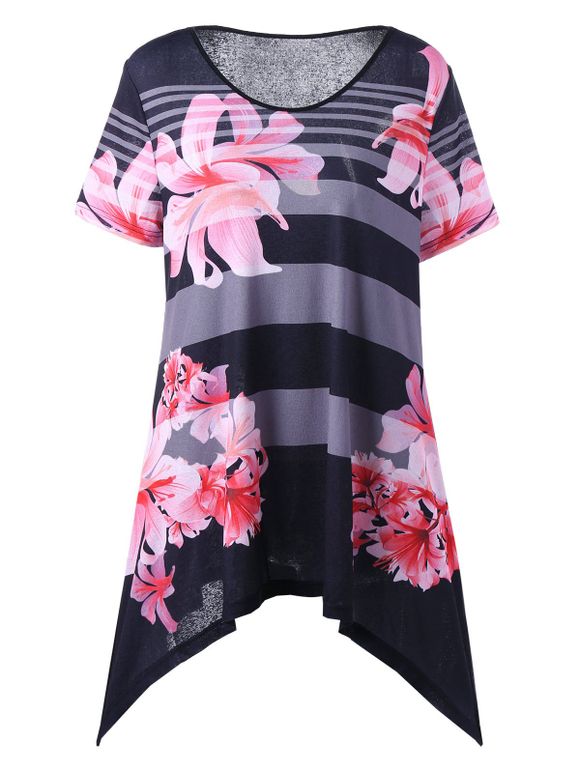T-shirt Asymétrique Floral Grande Taille - Noir 4XL