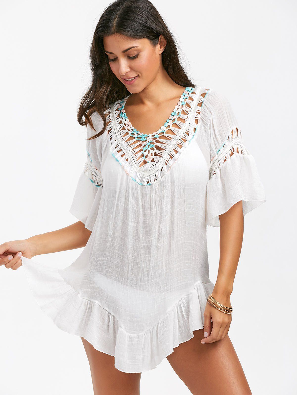 2018 Flounce Backless Crochet Tunic Cover-Up WHITE ONE SIZE In Cover ...