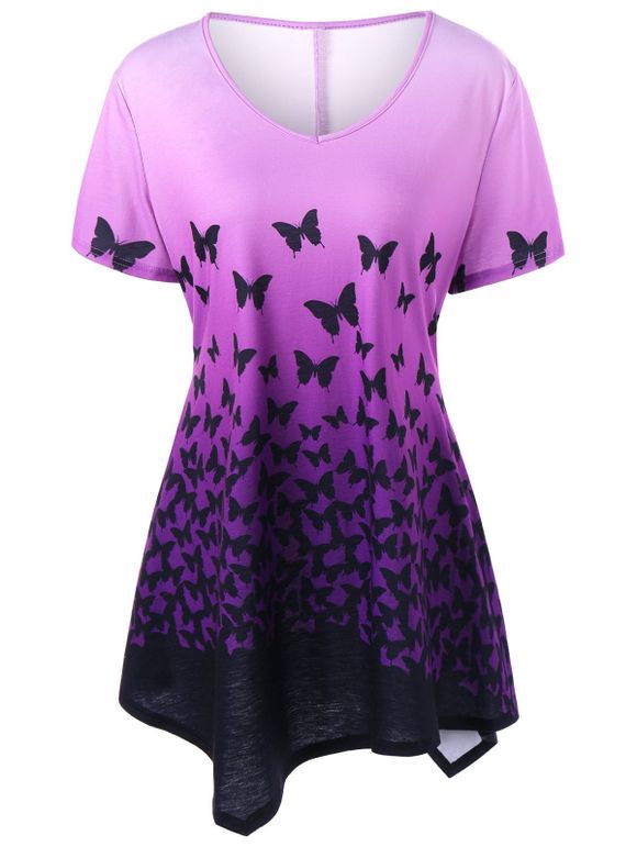 T-shirt Asymétrique Ombré à Papillon Grande Taille - Noir et Violet 4XL