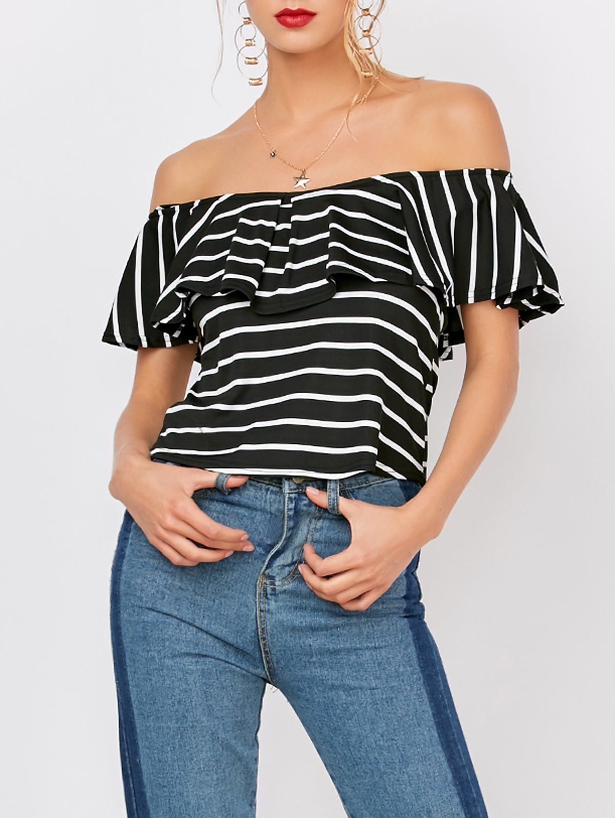

Off The Shoulder Flounce Striped Tee, Black
