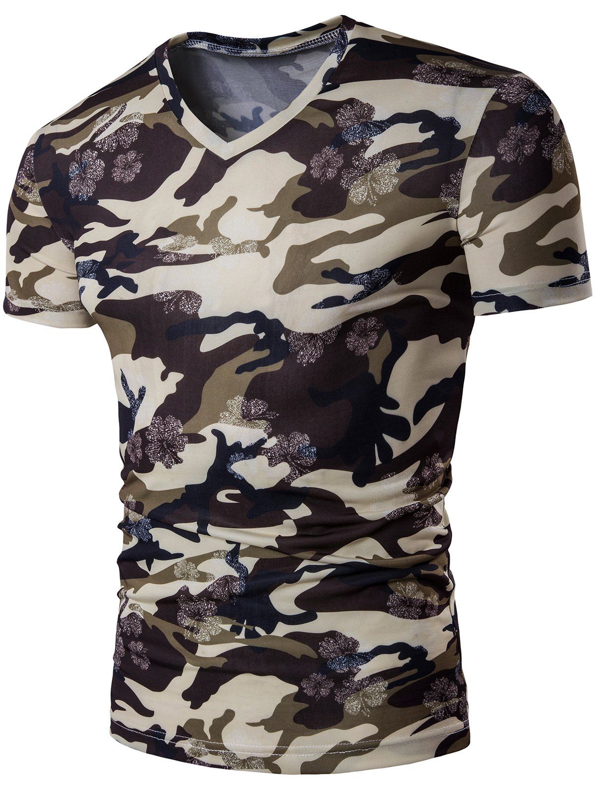 [41% OFF] 2021 V Neck Floral Camo T Shirt In KHAKI | DressLily