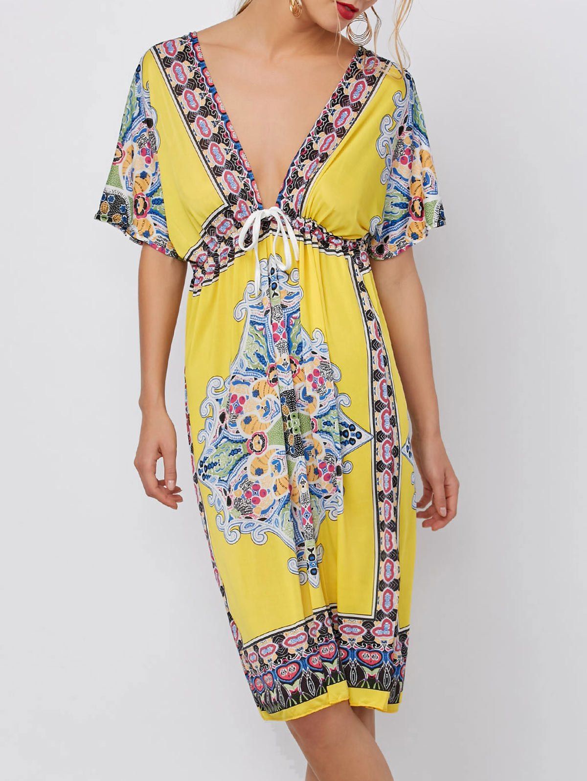 

Plunging Neckline Ethnic Print Mini Dress, Yellow