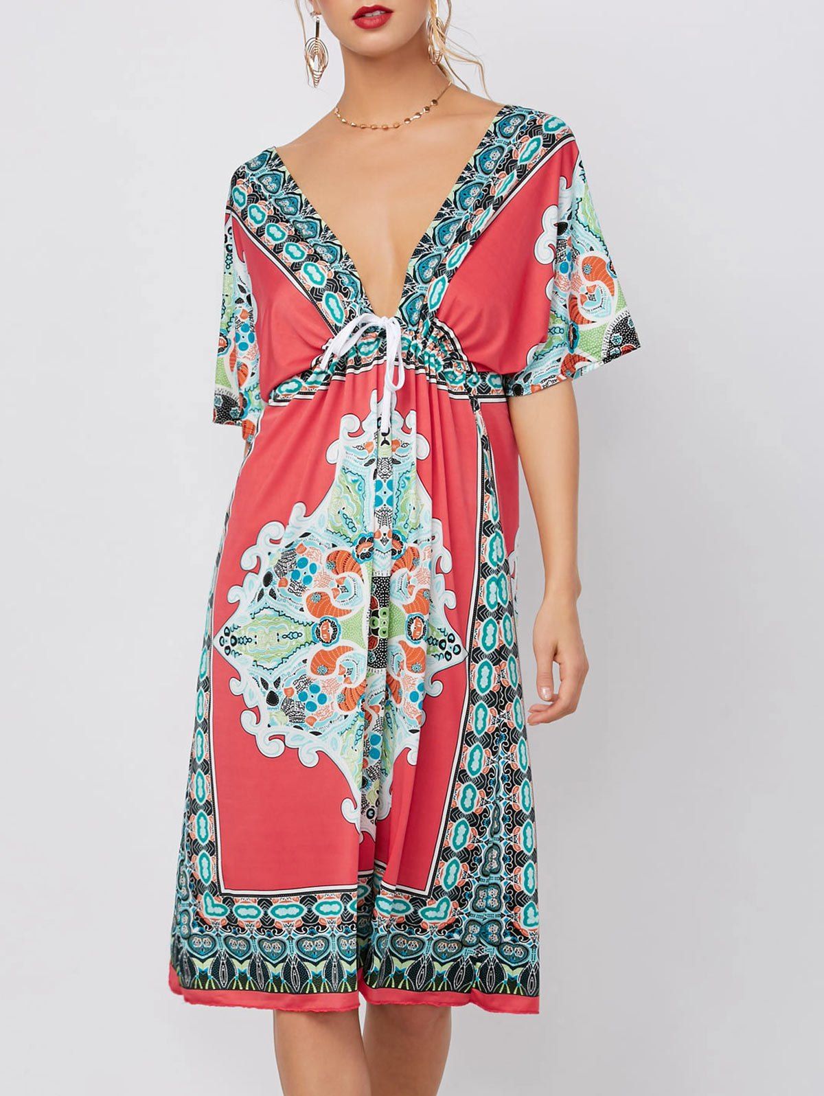 

Plunging Neckline Ethnic Print Mini Dress, Watermelon red