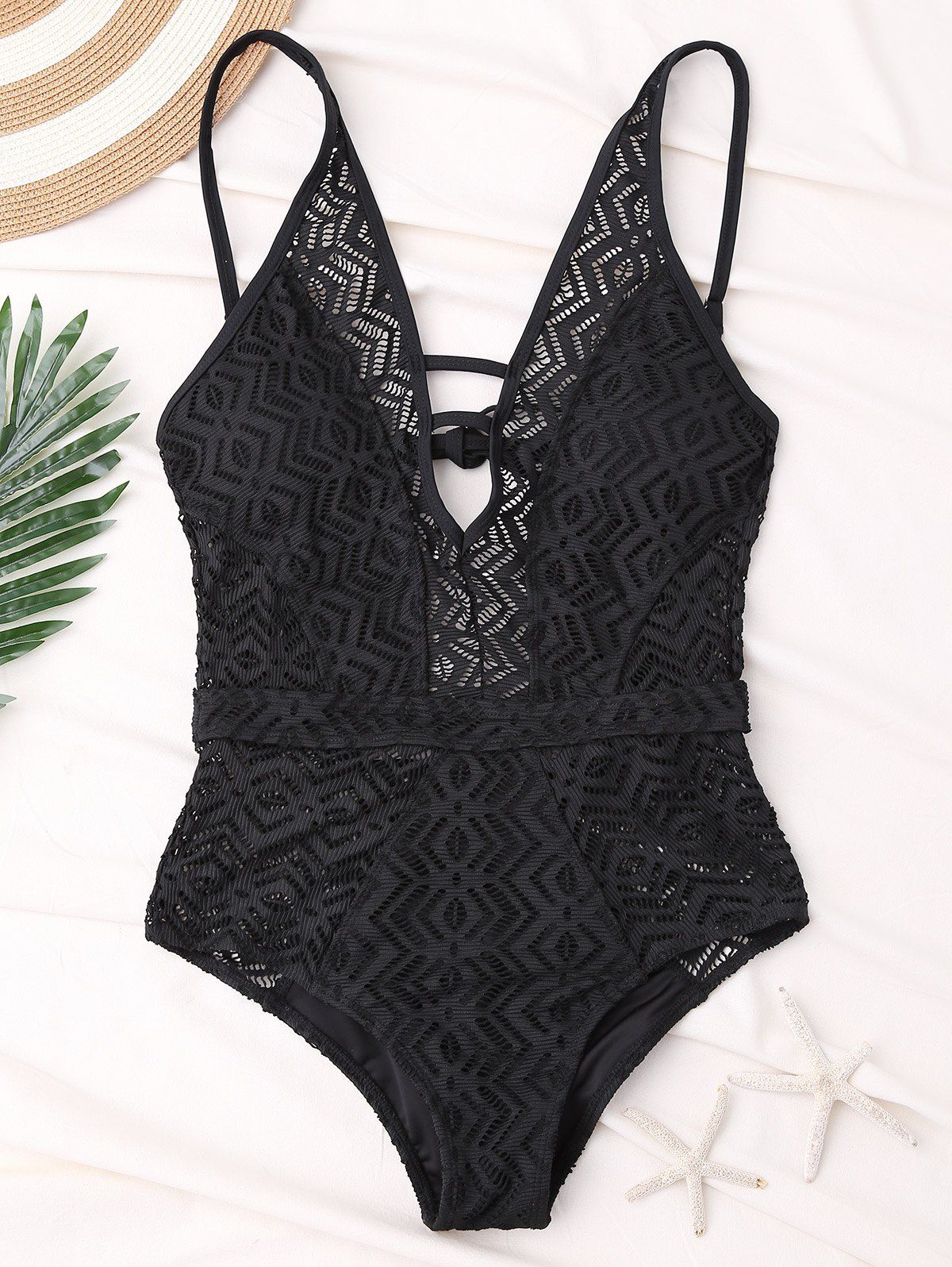 

Cutout Backless Lace One Piece Swimwear, Black