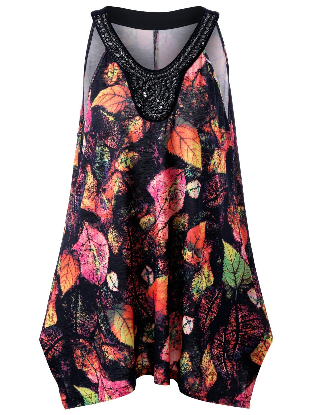 

Plus Size Beadings Sleeveless Leaf Printed Swing Top, Colormix