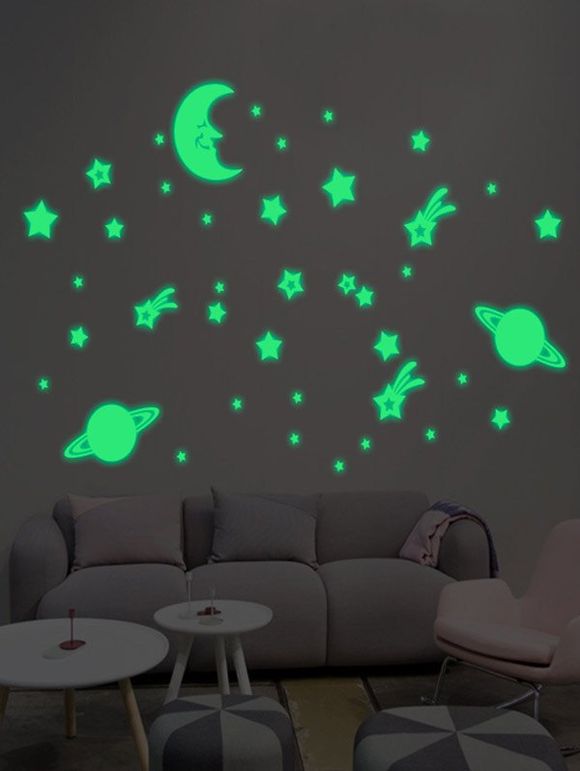 Cartoon Lune Terre Autocollants d'étoile étanche Noctilucent mur pour Nursery - Bright Vert 