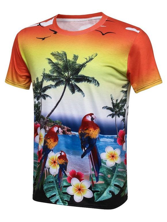 T-shirt Hawaïen Imprimé Oiseaux Cocotier 3D - multicolore 3XL
