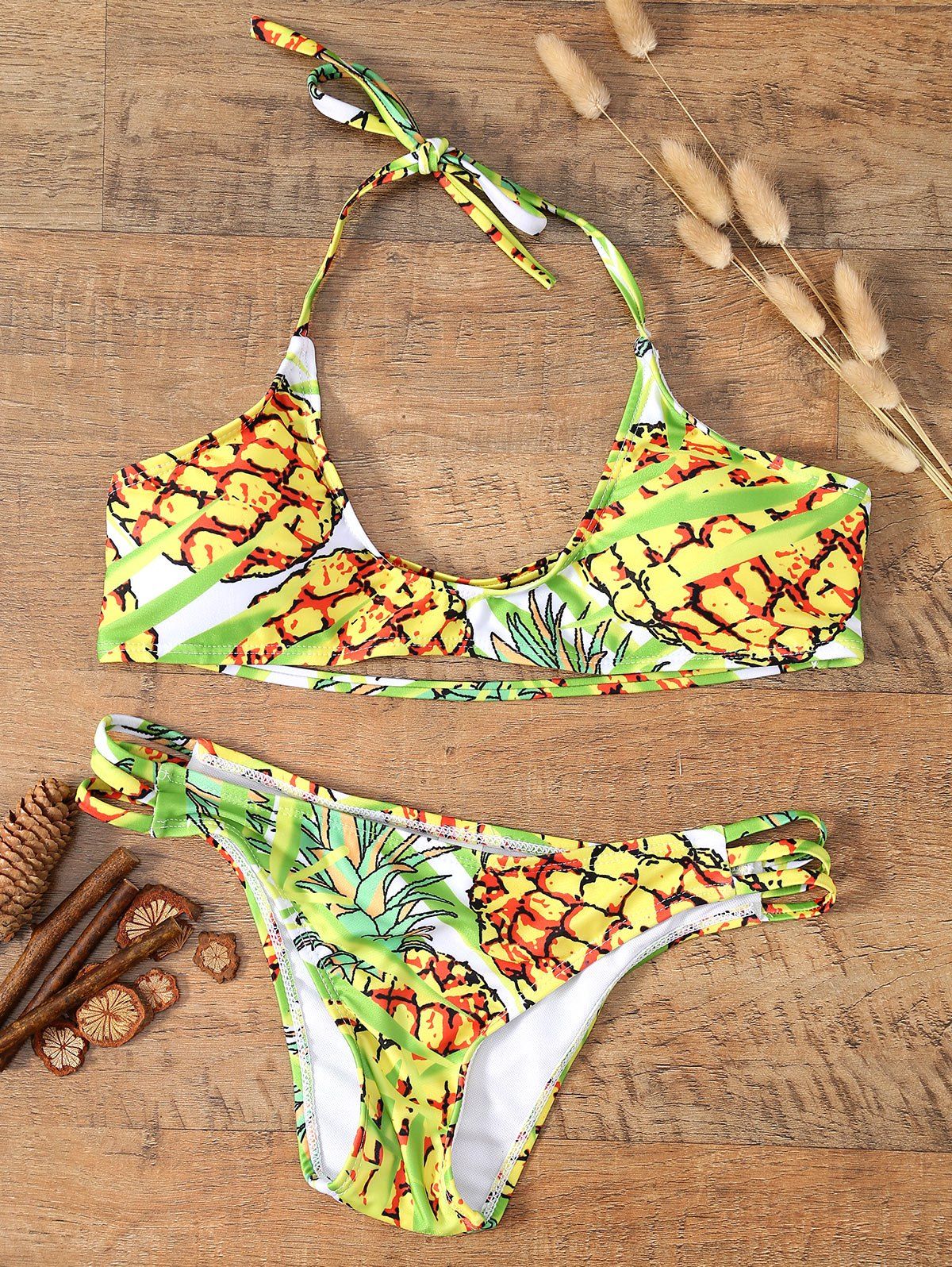 

Stripy Back Pineapple Halter Bikini, Light yellow