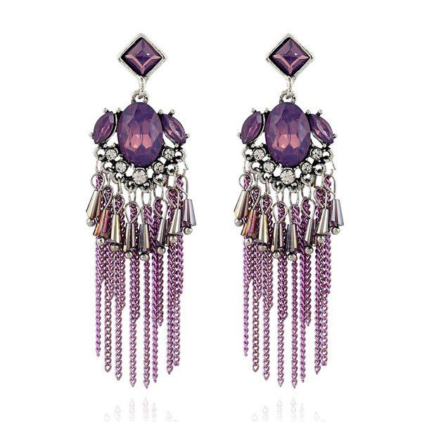 

Artificial Gem Geometric Fringed Chain Earrings, Purple